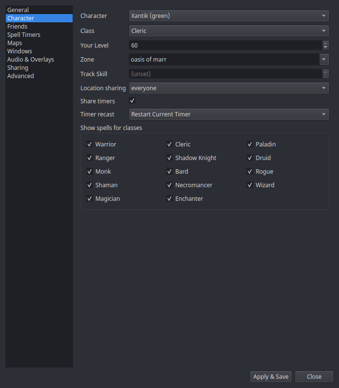 Character settings