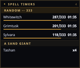 Random-roll rows (highest first) and a resist counter in Spell Timers