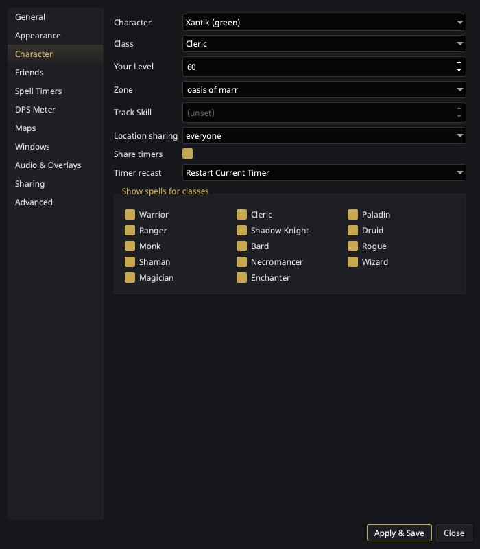 Character settings