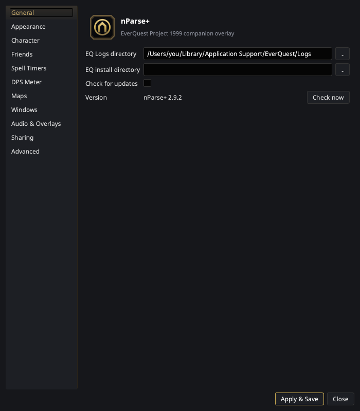 The Settings window