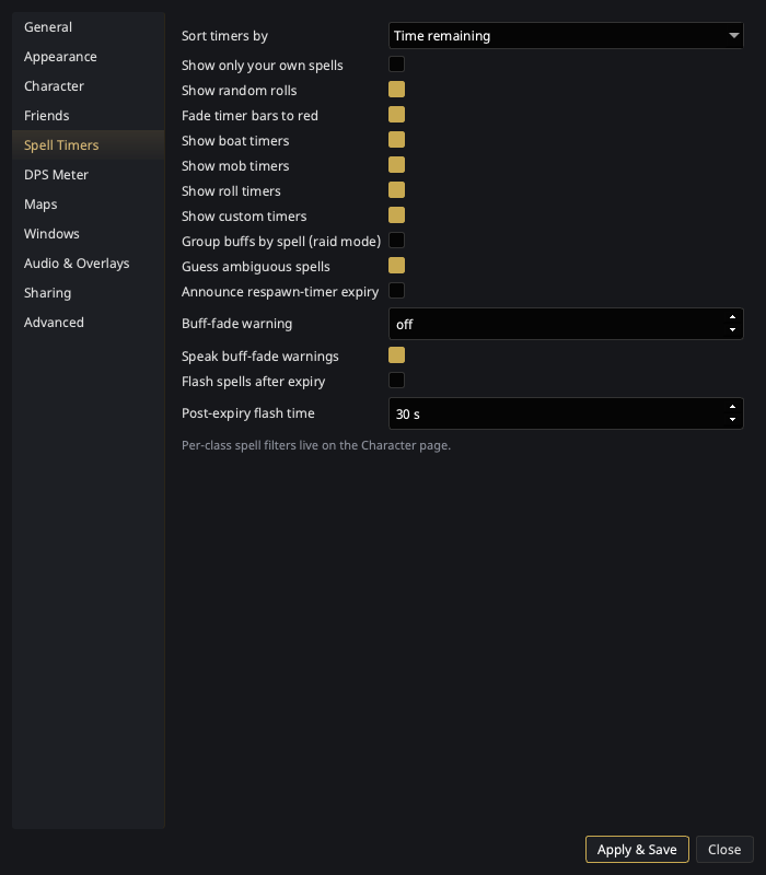 Spell Timers settings