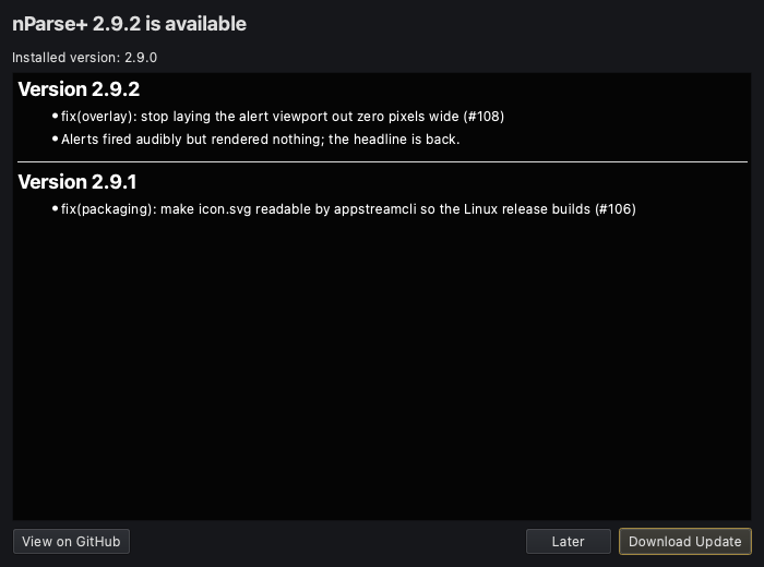 The update dialog listing release notes for every crossed version