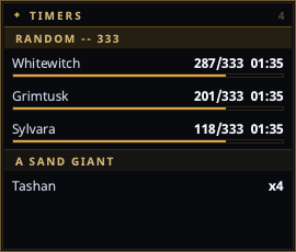 Random-roll rows (highest first) and a resist counter in Timers