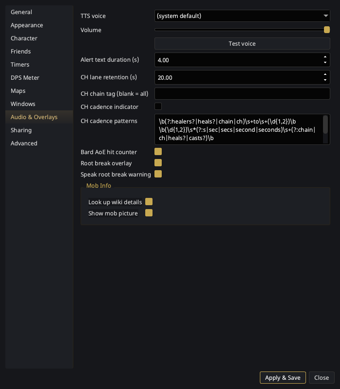 Audio & Overlays settings