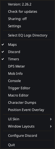 The tray menu with window toggles