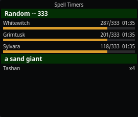 Random-roll rows (highest first) and a resist counter in Spell Timers