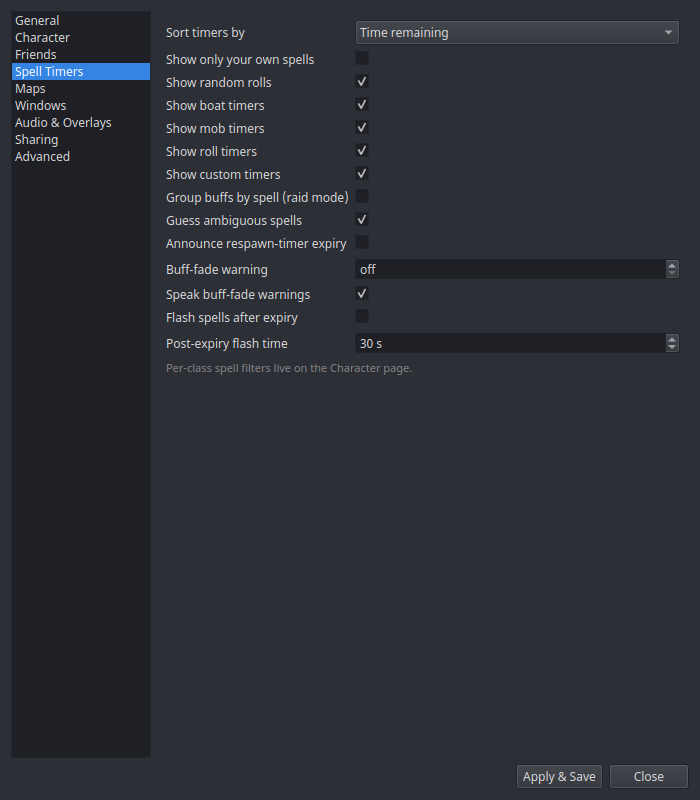 Spell Timers settings