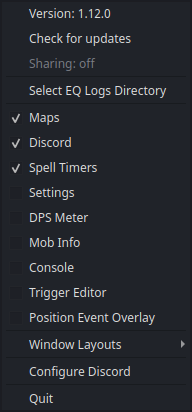 The tray menu with window toggles