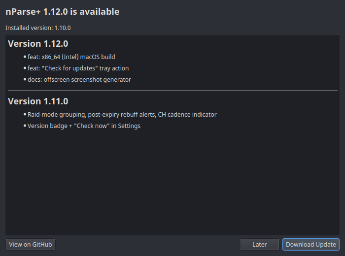 The update dialog listing release notes for every crossed version
